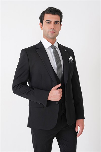 Slim Fit Esnek Pamuklu Dokulu Siyah Yelekli Takım Elbise TK 959