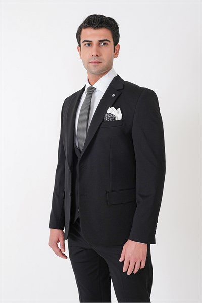Slim Fit Esnek Pamuklu Dokulu Siyah Yelekli Takım Elbise TK 959