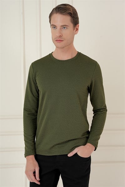 Slim Fit Esnek Pamuklu Dokulu Uzun Kollu Haki Tişört TS 889
