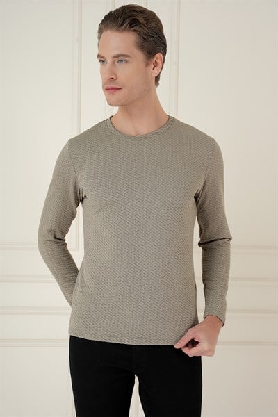 Slim Fit Esnek Pamuklu Dokulu Uzun Kollu Gri Tişört TS 889