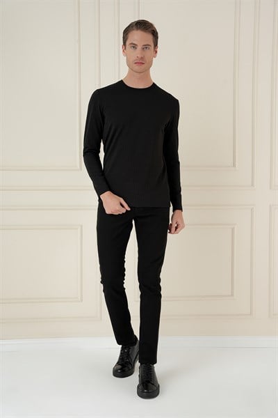 Slim Fit Esnek Pamuklu Dokulu Uzun Kollu Siyah Tişört TS 889
