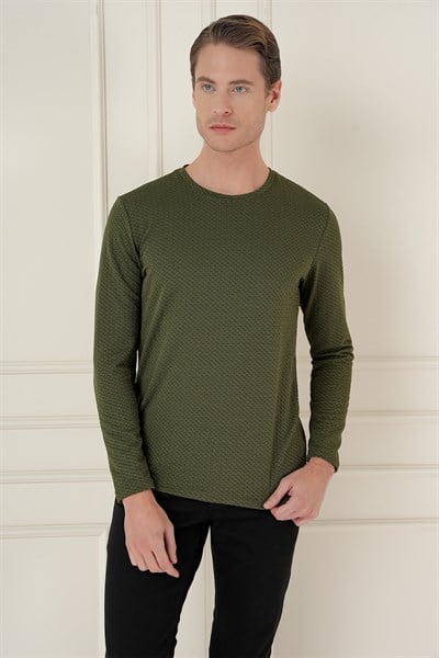 Slim Fit Esnek Pamuklu Dokulu Uzun Kollu Haki Tişört TS 889