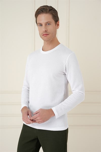 Slim Fit Esnek Pamuklu Dokulu Uzun Kollu Beyaz Tişört TS 889