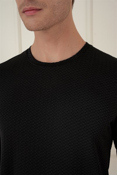 Slim Fit Esnek Pamuklu Dokulu Uzun Kollu Siyah Tişört TS 889
