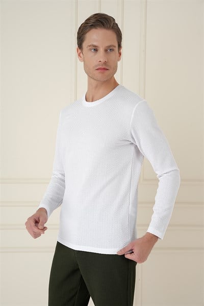 Slim Fit Esnek Pamuklu Dokulu Uzun Kollu Beyaz Tişört TS 889