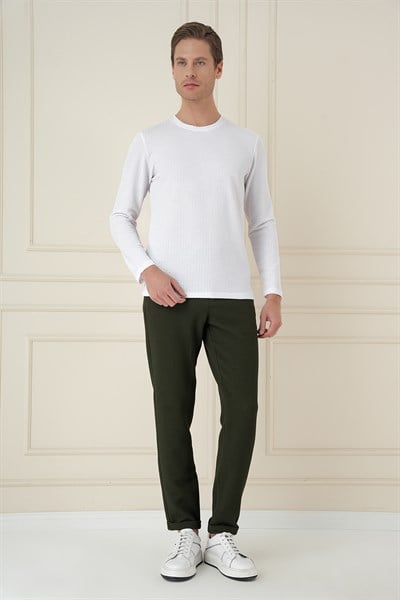 Slim Fit Esnek Pamuklu Dokulu Uzun Kollu Beyaz Tişört TS 889