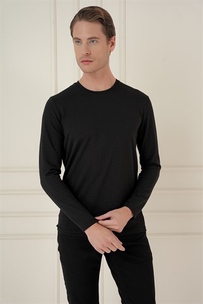 Slim Fit Esnek Pamuklu Dokulu Uzun Kollu Siyah Tişört TS 889