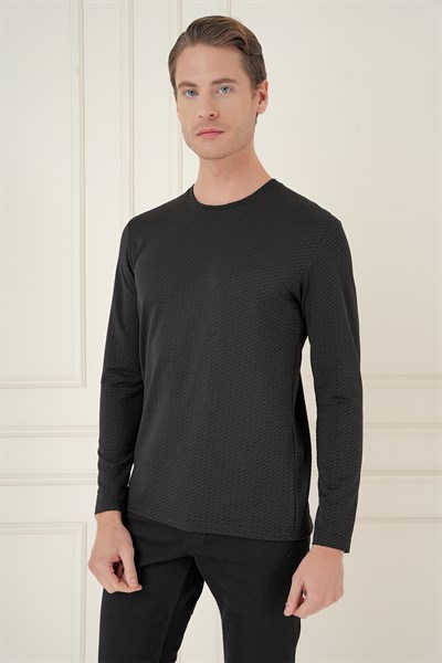 Slim Fit Esnek Pamuklu Dokulu Uzun Kollu Siyah Tişört TS 889