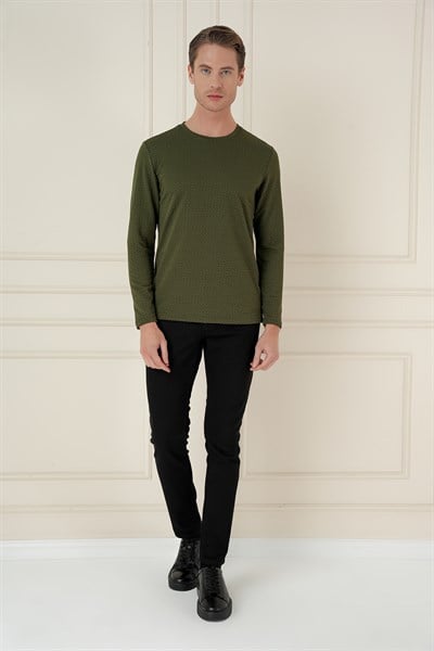 Slim Fit Esnek Pamuklu Dokulu Uzun Kollu Haki Tişört TS 889