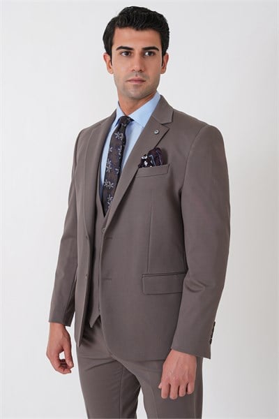 Slim Fit Esnek Pamuklu Dokulu Vizon Yelekli Takım Elbise TK 959
