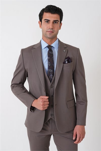 Slim Fit Esnek Pamuklu Dokulu Vizon Yelekli Takım Elbise TK 959