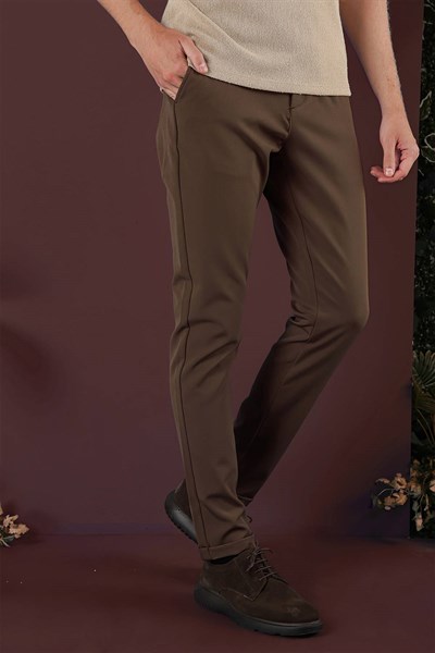 Slim Fit Esnek Pamuklu Duble Paça Tütün Pantolon P 1135