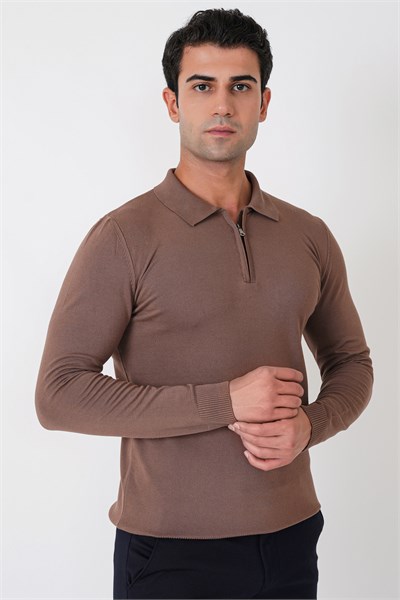 Slim Fit Esnek Pamuklu Fermuarlı Polo Yaka Açık Kahve Triko TR 902