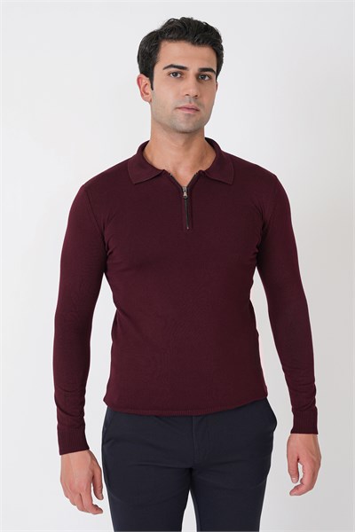 Slim Fit Esnek Pamuklu Fermuarlı Polo Yaka Bordo Triko TR 902