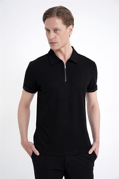 Slim Fit Esnek Pamuklu Fermuarlı Polo Yaka Siyah Tişört TS 926