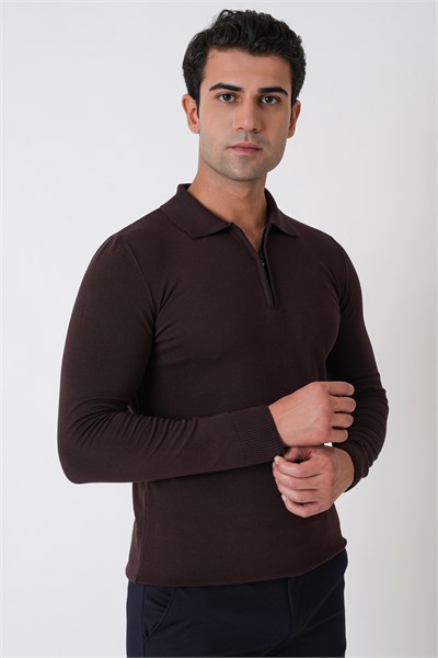 Slim Fit Esnek Pamuklu Fermuarlı Polo Yaka Kahverengi Triko TR 902