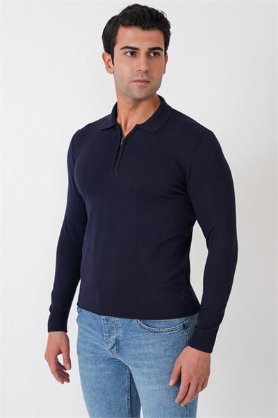 Slim Fit Esnek Pamuklu Fermuarlı Polo Yaka Lacivert Triko TR 902