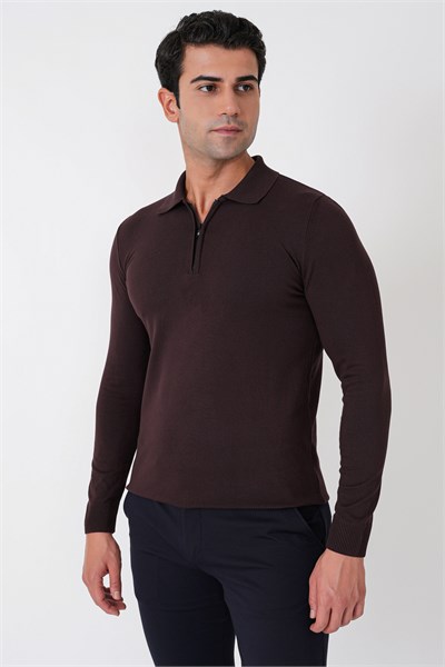 Slim Fit Esnek Pamuklu Fermuarlı Polo Yaka Kahverengi Triko TR 902