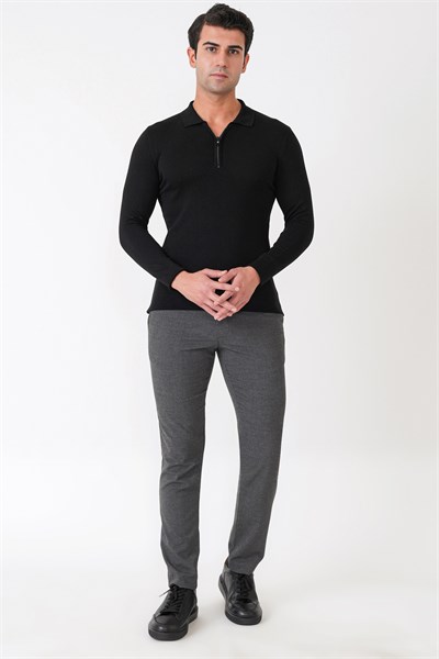 Slim Fit Esnek Pamuklu Fermuarlı Polo Yaka Siyah Triko TR 902