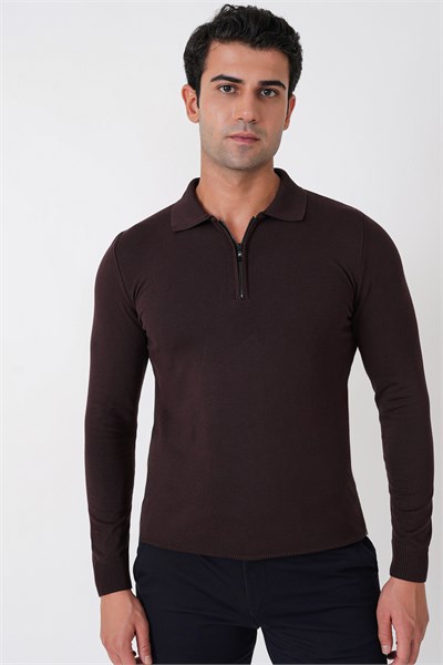 Slim Fit Esnek Pamuklu Fermuarlı Polo Yaka Kahverengi Triko TR 902