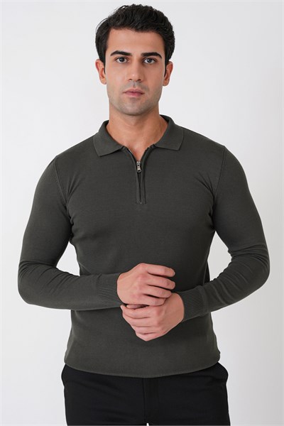 Slim Fit Esnek Pamuklu Fermuarlı Polo Yaka Haki Triko TR 902