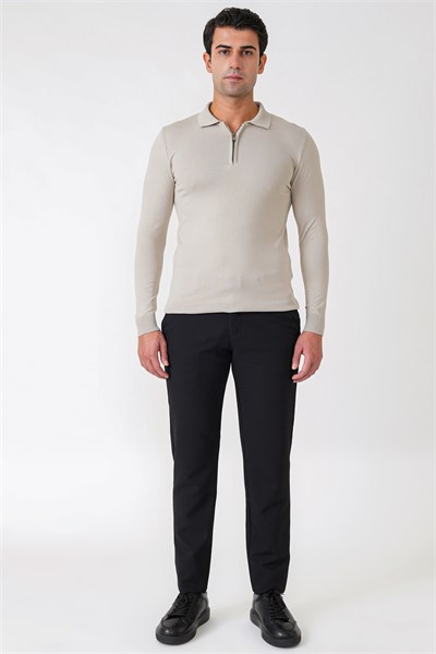 Slim Fit Esnek Pamuklu Fermuarlı Polo Yaka Taş Triko TR 902