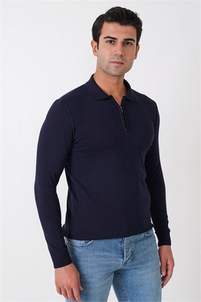 Slim Fit Esnek Pamuklu Fermuarlı Polo Yaka Lacivert Triko TR 902