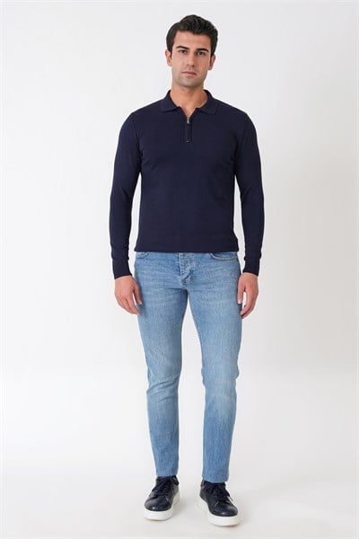 Slim Fit Esnek Pamuklu Fermuarlı Polo Yaka Lacivert Triko TR 902