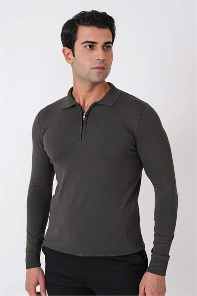 Slim Fit Esnek Pamuklu Fermuarlı Polo Yaka Haki Triko TR 902