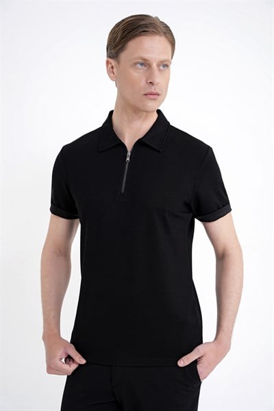 Slim Fit Esnek Pamuklu Fermuarlı Polo Yaka Siyah Tişört TS 926