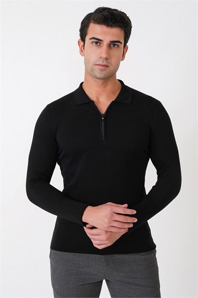 Slim Fit Esnek Pamuklu Fermuarlı Polo Yaka Siyah Triko TR 902