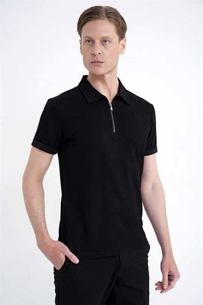 Slim Fit Esnek Pamuklu Fermuarlı Polo Yaka Siyah Tişört TS 926