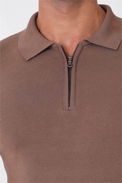 Slim Fit Esnek Pamuklu Fermuarlı Polo Yaka Açık Kahve Triko TR 902
