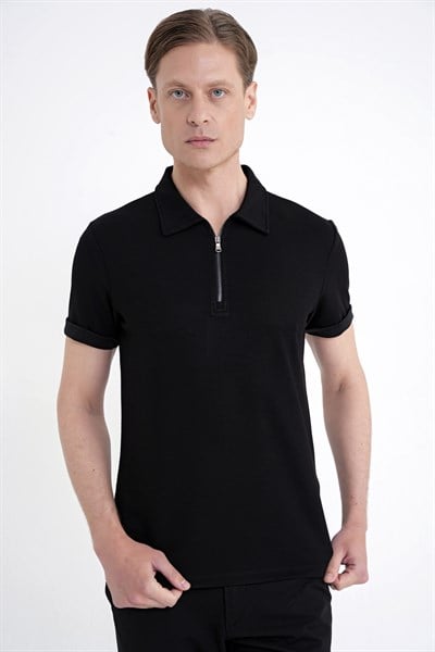 Slim Fit Esnek Pamuklu Fermuarlı Polo Yaka Siyah Tişört TS 926
