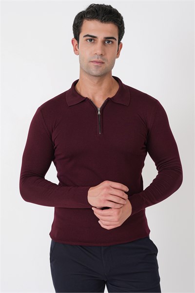 Slim Fit Esnek Pamuklu Fermuarlı Polo Yaka Bordo Triko TR 902