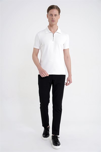 Slim Fit Esnek Pamuklu Fermuarlı Polo Yaka Ekru Tişört TS 926