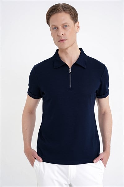 Slim Fit Esnek Pamuklu Fermuarlı Polo Yaka Lacivert Tişört TS 926