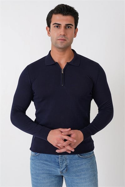 Slim Fit Esnek Pamuklu Fermuarlı Polo Yaka Lacivert Triko TR 902