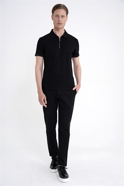 Slim Fit Esnek Pamuklu Fermuarlı Polo Yaka Siyah Tişört TS 926