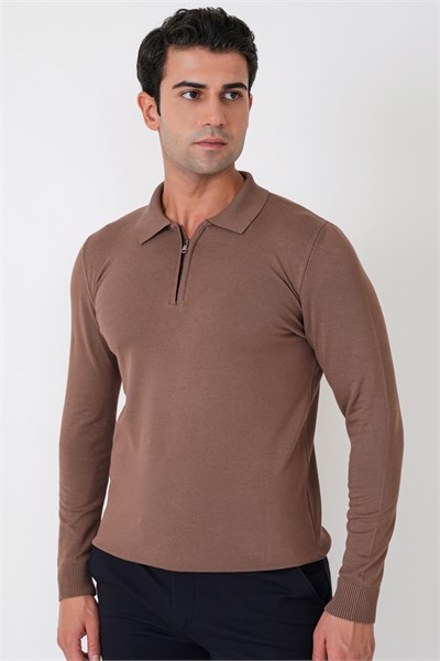 Slim Fit Esnek Pamuklu Fermuarlı Polo Yaka Açık Kahve Triko TR 902