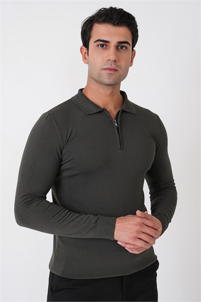 Slim Fit Esnek Pamuklu Fermuarlı Polo Yaka Haki Triko TR 902