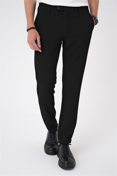 Slim Fit Esnek Pamuklu Gofre Kumaş Nero Siyah Pantolon P 1166