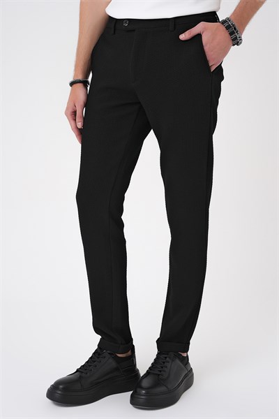 Slim Fit Esnek Pamuklu Gofre Kumaş Nero Siyah Pantolon P 1166