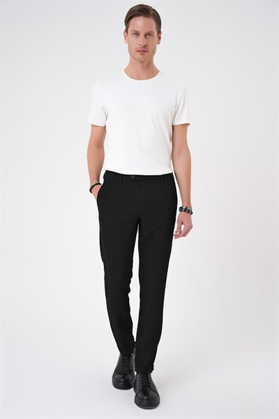 Slim Fit Esnek Pamuklu Gofre Kumaş Nero Siyah Pantolon P 1166
