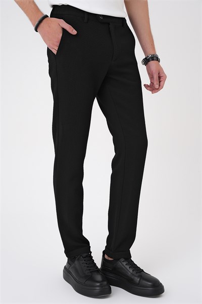Slim Fit Esnek Pamuklu Gofre Kumaş Nero Siyah Pantolon P 1166