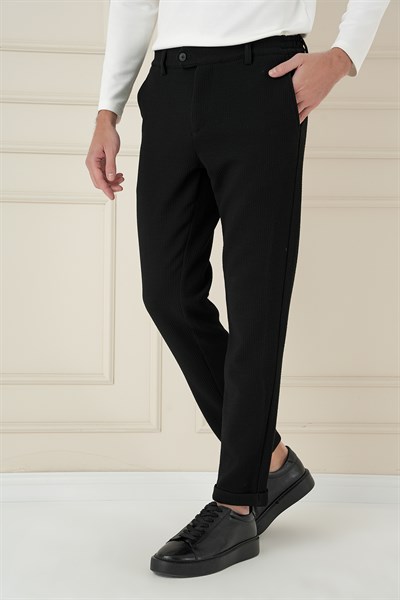 Slim Fit Esnek Pamuklu Gofre Kumaş Siyah Pantolon P 1166
