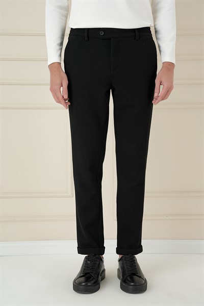 Slim Fit Esnek Pamuklu Gofre Kumaş Siyah Pantolon P 1166