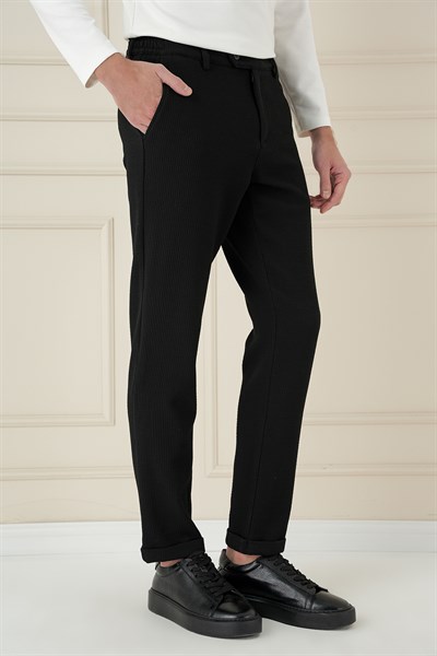 Slim Fit Esnek Pamuklu Gofre Kumaş Siyah Pantolon P 1166