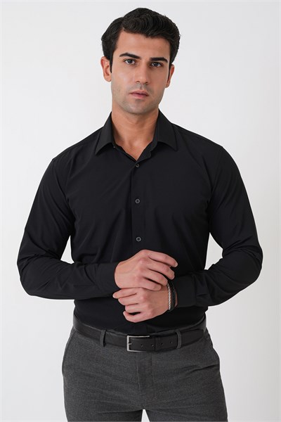 Slim Fit Esnek Pamuklu Siyah Gömlek G 1607