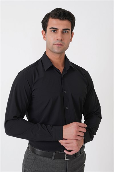 Slim Fit Esnek Pamuklu Siyah Gömlek G 1607